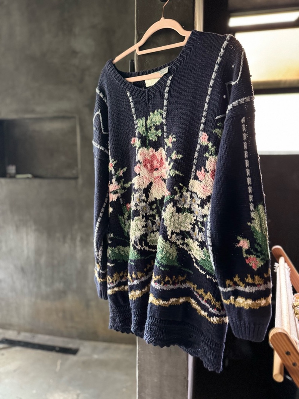 Oversized Navy Rose Knit Crewneck Cotton Blend Sweater